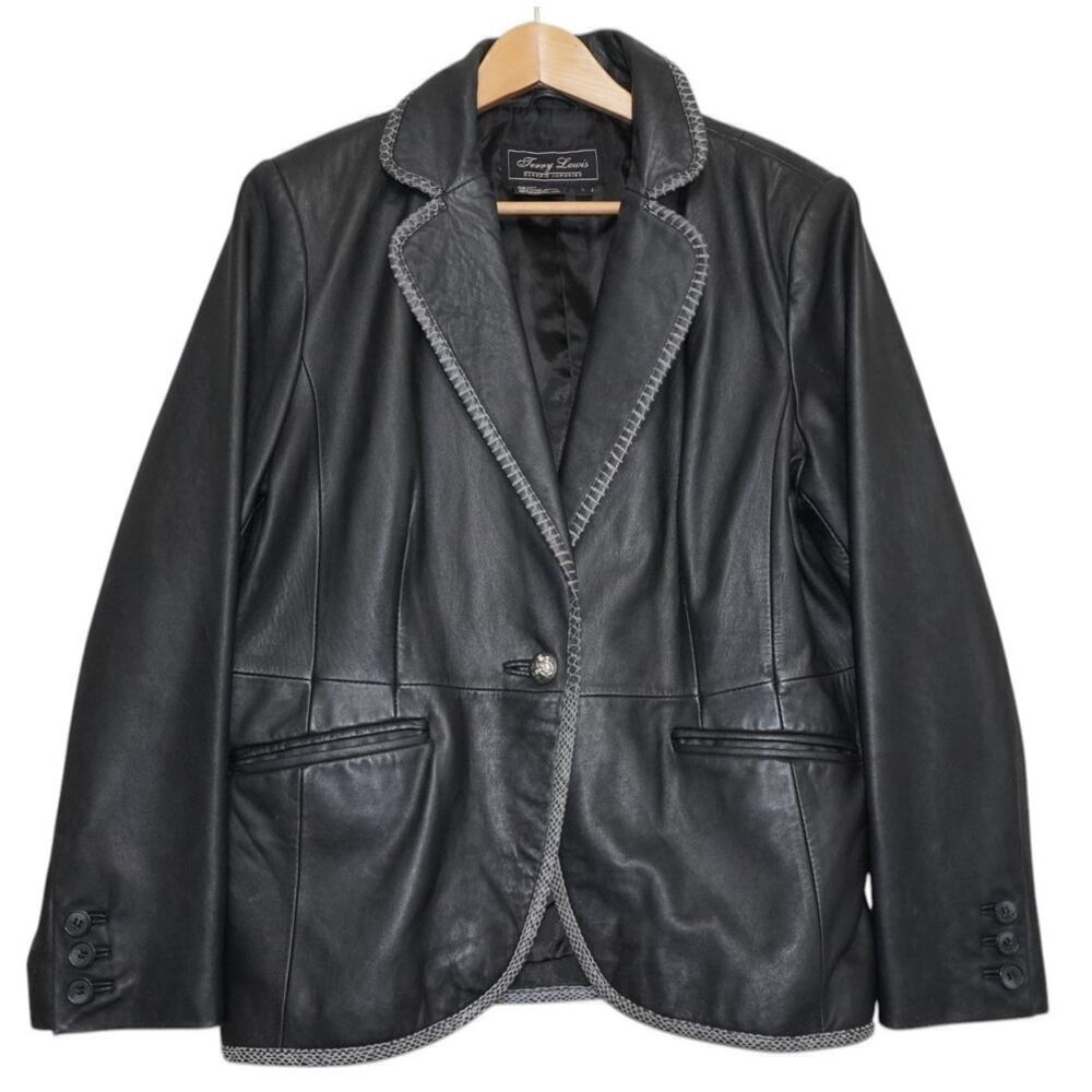 Tony Lama Genuine Leather Blazer Jacket Women’s L  Western Snake Trim Black Coat